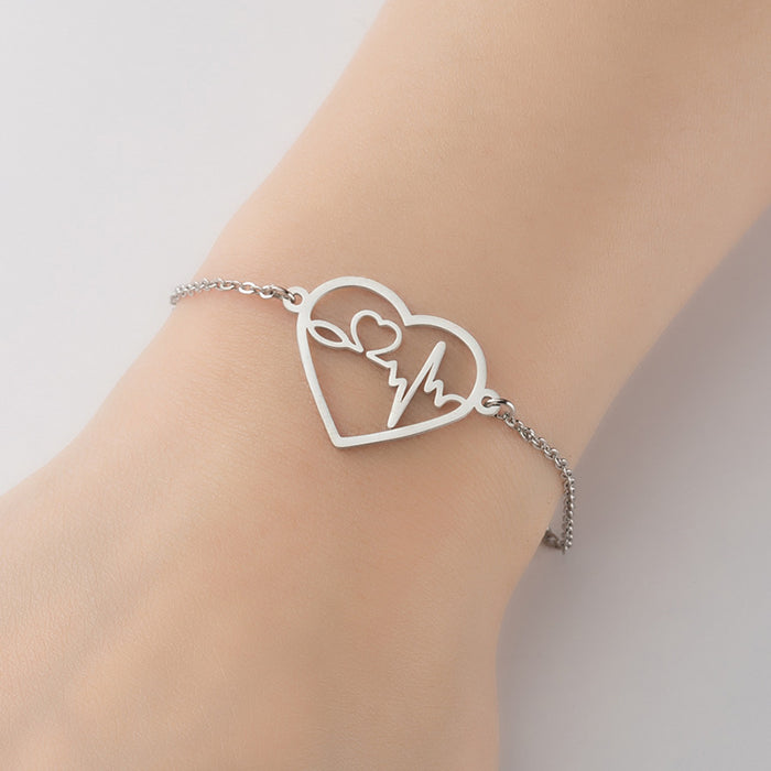 Pulseras con colgante de amor geométrico, pulseras creativas de acero inoxidable con latidos del corazón para niñas al por mayor