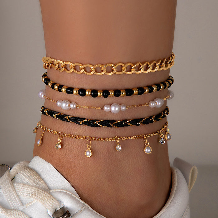 Multilayer Tassel Anklet Set with Woven Rope - Boho Beach Style Jewelry