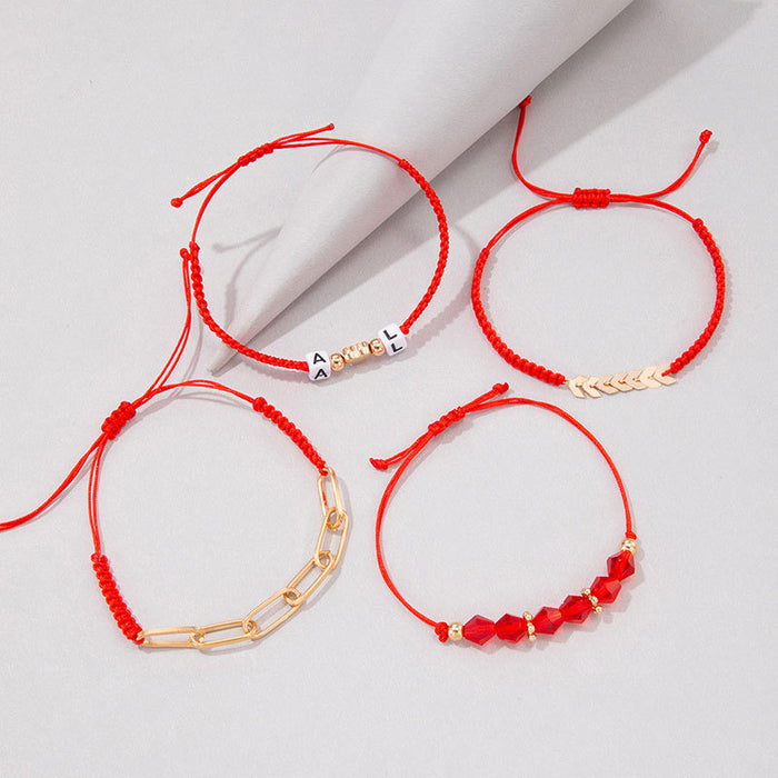 Heart Leaf Bracelet Set - Red String Four-Piece Women’s Jewelry