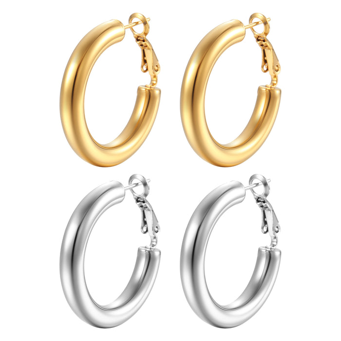 Stainless steel hollow round 18K gold earrings simple style bold titanium steel ear buckles