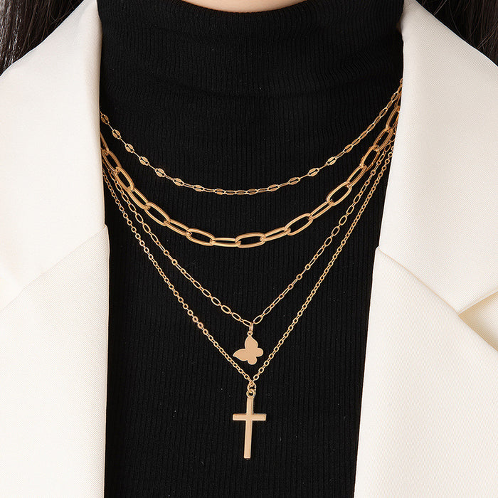 Butterfly & Cross Pendant Necklace - Multi-Layer Elegant Necklace for Women