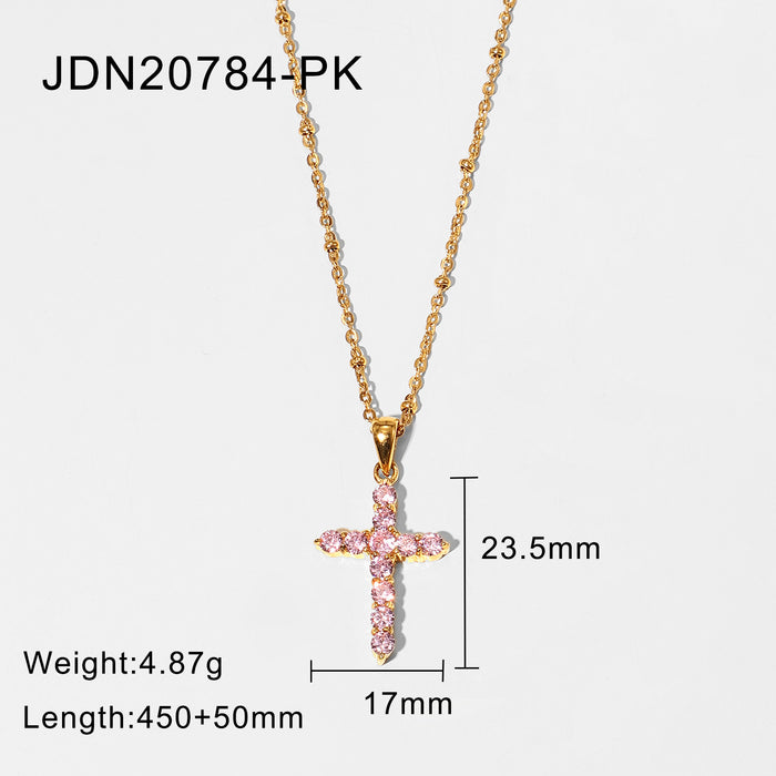 Trendy 18K Gold-Plated Stainless Steel Necklace - Pink Zircon Cross Pendant, Popular Women's Jewelry