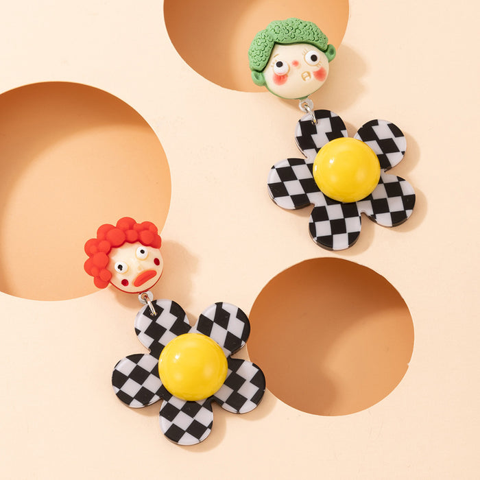 Checkerboard flower earrings cartoon resin human head earrings