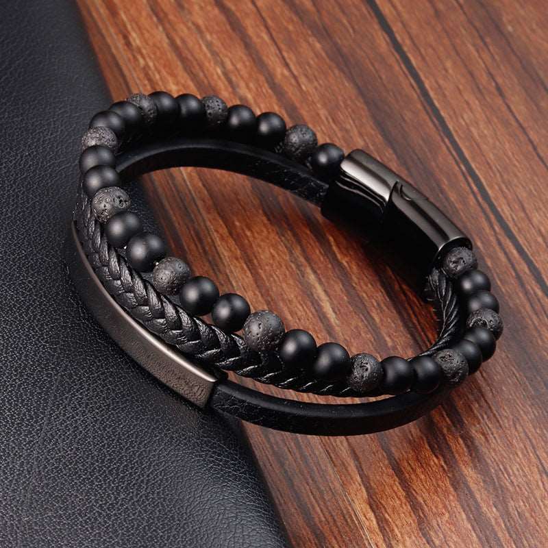 Bracelet Stainless Steel Leather Woven Natural Stone