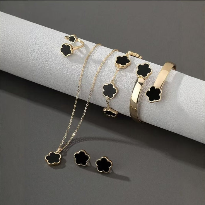 Wholesale 5-piece set of five-petal flower necklace, bracelet, bangle, earrings, and ring - wallojewerly 