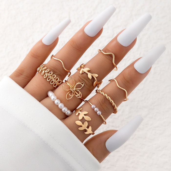 Bohemian Style Cut-Out Flower Butterfly Multi-Joint Ring Set – Design-Inspired Heart Pearl Rings