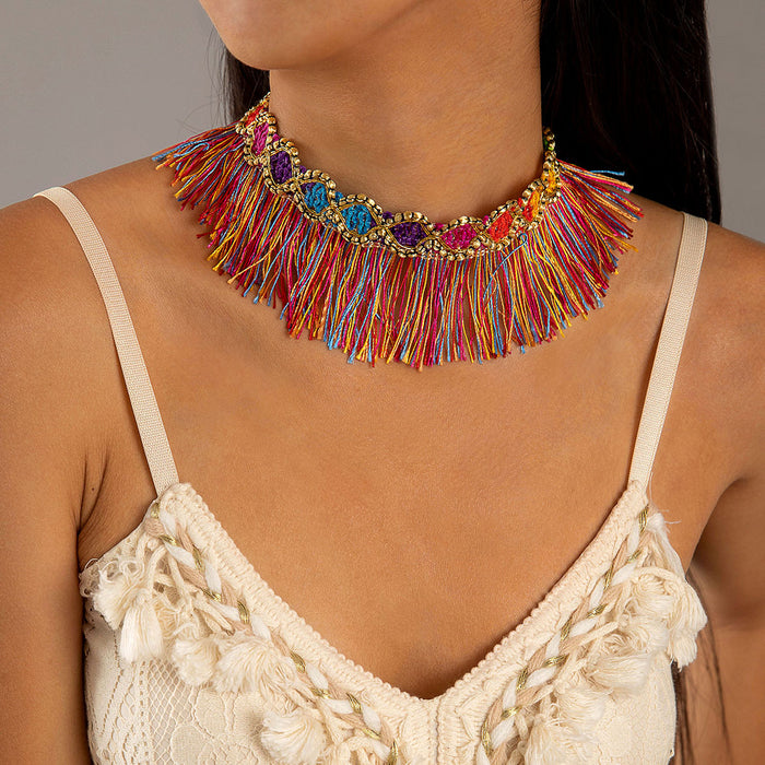 Bohemian Colorful Tassel Necklace with Fabric Straps