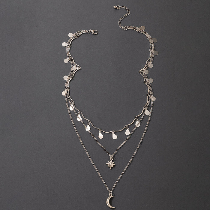 Metal Water Drop Star Moon Three-Layer Necklace with Exaggerated Multi-Layer Clavicle Chain