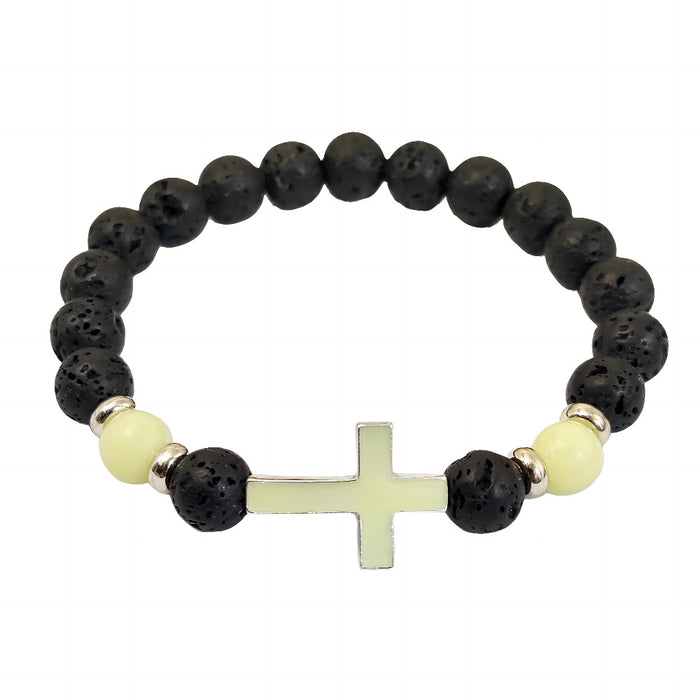 Wholesale Multi-colored Glow-in-the-Dark Volcanic Stone Bracelets with Cross Beads - wallojewerly 