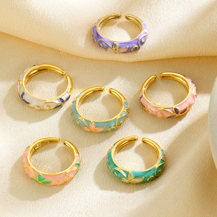 Wholesale colored enamel dripping round irregular flower bud opening rings - wallojewerly 