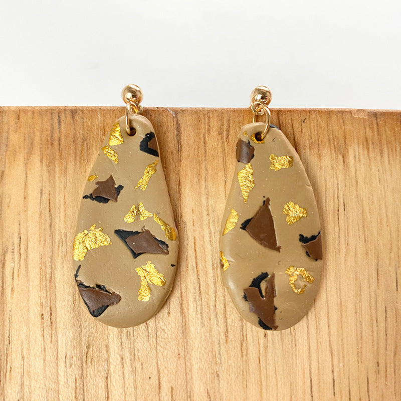 Wholesale Trendy Waterdrop Clay Earrings - Gold Foil Leopard and Floral Design