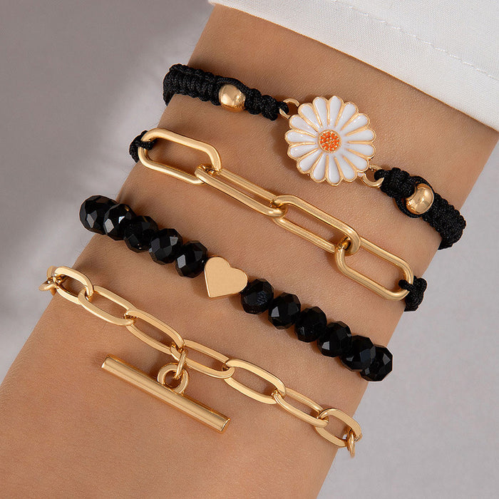 Vintage Daisy and Black Bead Bracelet Set - Four-Piece Unisex Jewelry