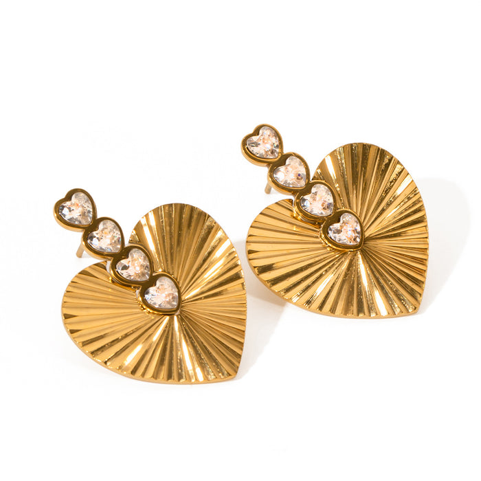 Pendientes de acero inoxidable chapado en oro de 18 quilates con forma de corazón y circonita blanca de estilo vintage europeo: joyería de moda para mujer