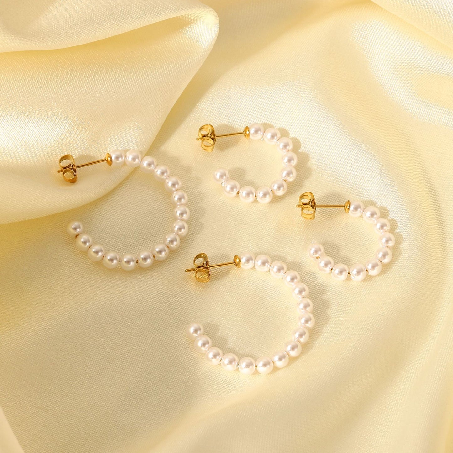 18K Gold Plated Stainless Steel Stud Earrings - C-Shaped Pearl Design