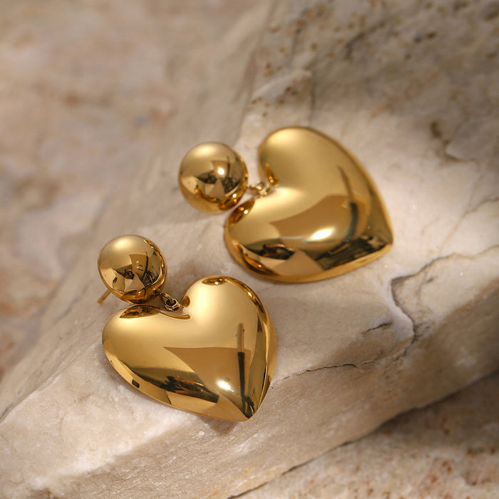 18K Gold Stainless Steel Polished Ball Earrings - Minimalist Heart Studs Jewelry