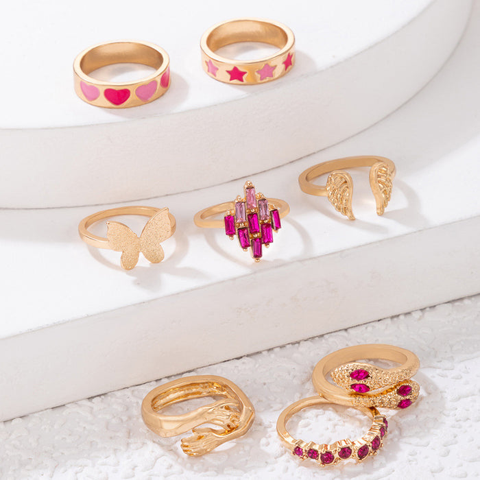 Pink oil drop heart star ring set, butterfly wings palm snake eight-piece set