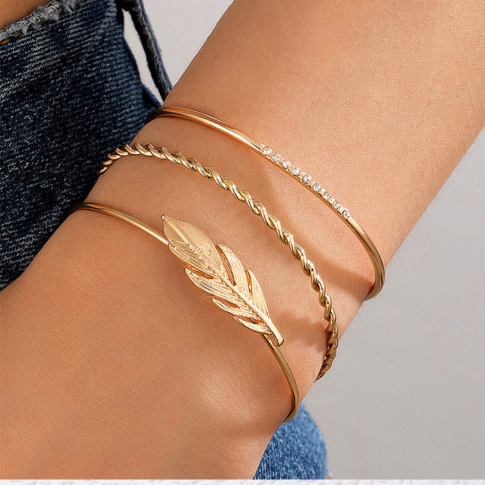 Feather Inlay Multi-Layer Bracelet Set with Geometric Twist Cuff