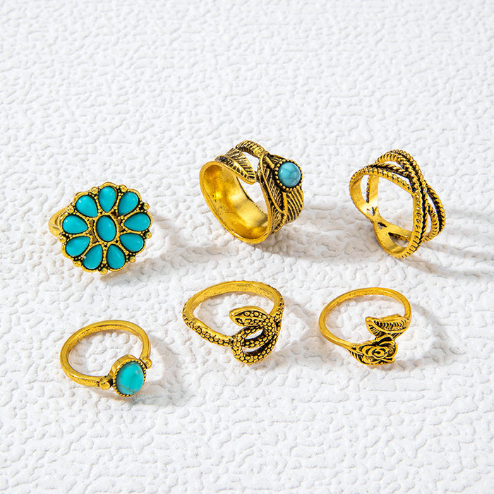 Vintage Turquoise Flower Feather Ring Set - 6pcs Punk Snake Rings