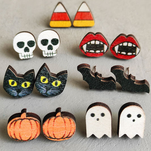 Pendientes de fantasma de Halloween con diseños de calabaza, gato negro, murciélago y calavera