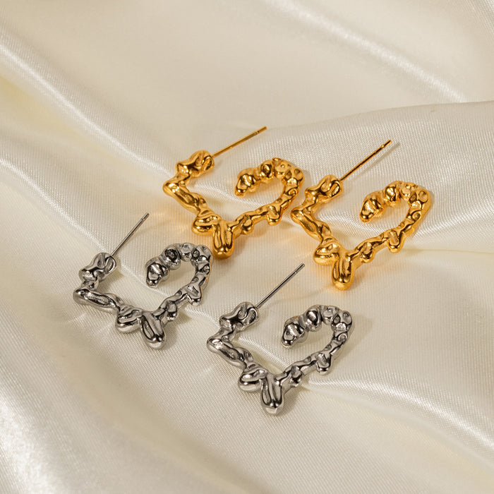 18K Gold Stainless Steel Lava Textured Heart Earrings - Non-Fading Jewelry for Women