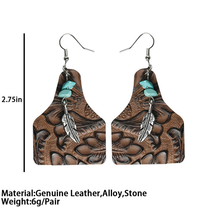 Vintage Floral Print Cowhide Earrings with Turquoise Leaf and Bottle Pendant - wallojewerly 