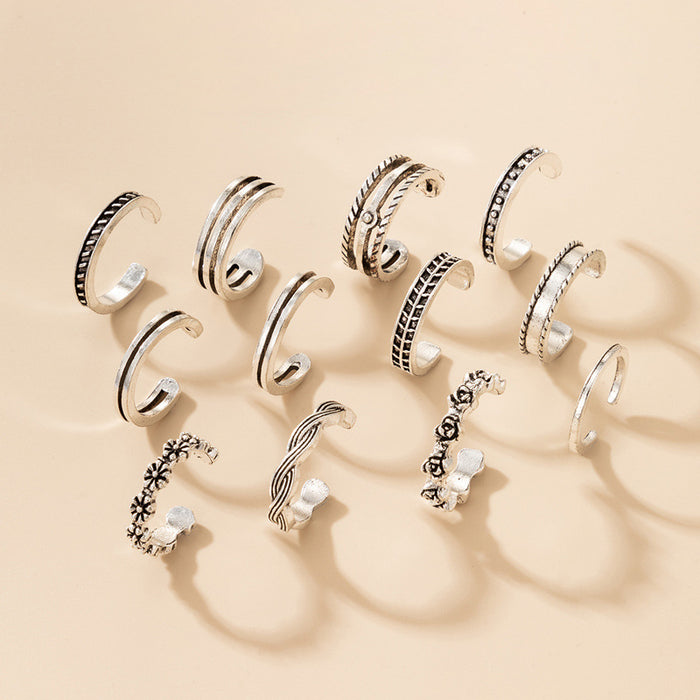 Vintage silver wave twist flower 12 piece ring set