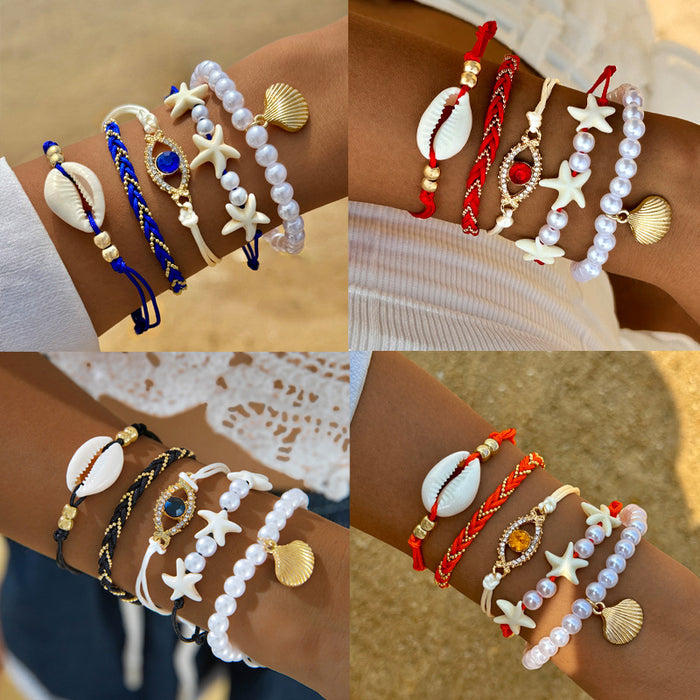 Shell and Evil Eye Bracelet Set - Five-Piece Summer Pearl Jewelry