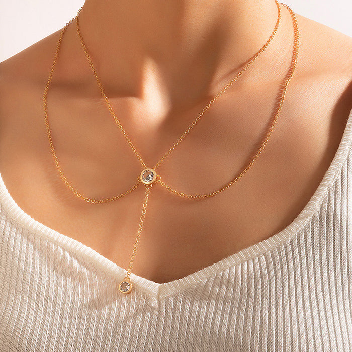 Diamond Chain Double Layer Necklace with Geometric Water Diamond Multi-Layer Design