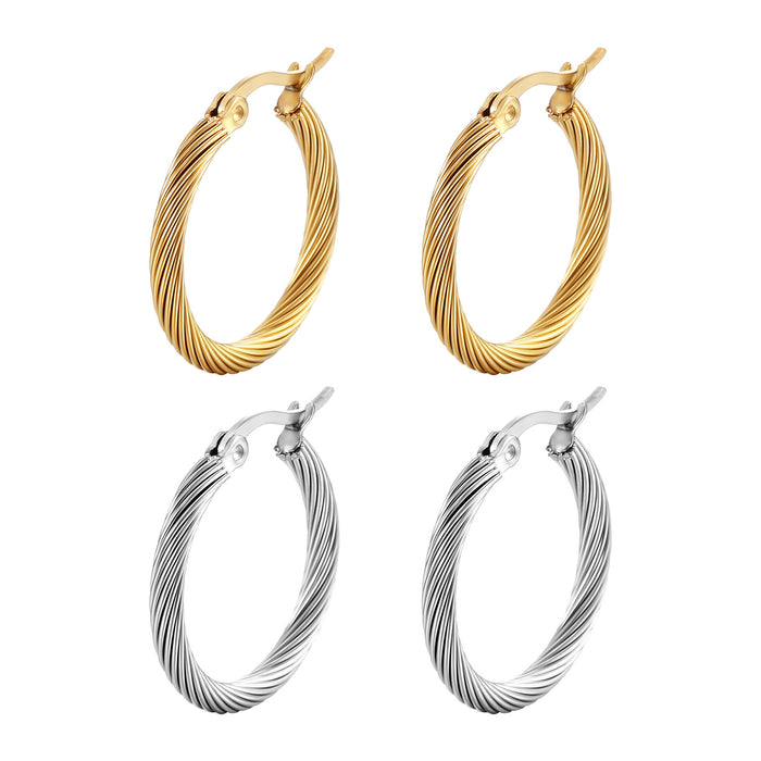 Women's stainless steel round earrings simple real gold plated wire rope earrings