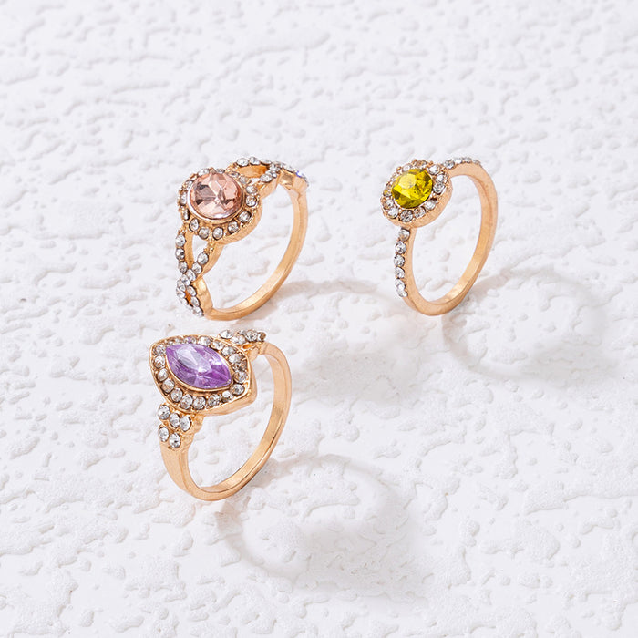 Colorful diamond ring three-piece set geometric full diamond light luxury combination