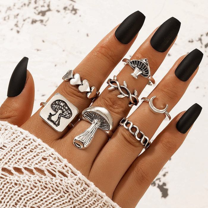 Black Geometric Mushroom Alphabet 6-Piece Ring Set