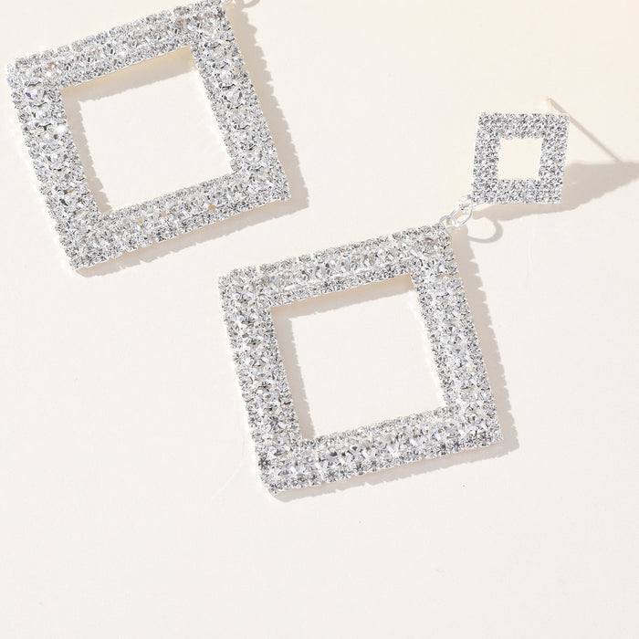 Fashionable Square Rhinestone Earrings - Geometric Studs with Tassel Dangles