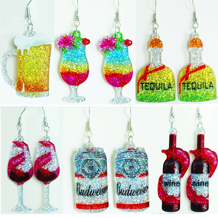 Red wine cocktail sparkling acrylic earrings - wallojewerly 