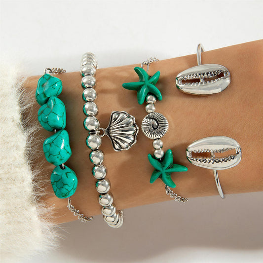 Pulsera de turquesa con conchas y estrellas de mar de estilo bohemio: conjunto de cuatro piezas de pulseras de cuentas de conchas marinas estilo vacaciones