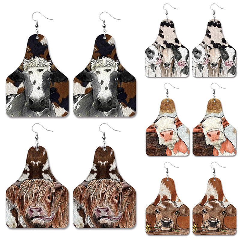 Farm Animal PU Leather Earrings with Cow Tag Design