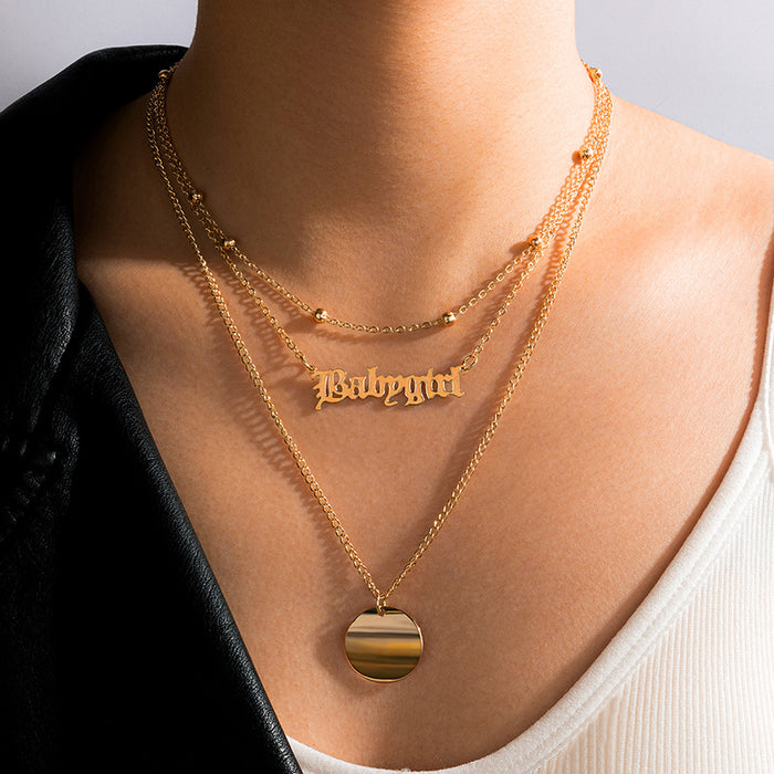 Irregular Geometric Round Disc Letter Heart Animal Snake Pendant Three-Layer Necklace