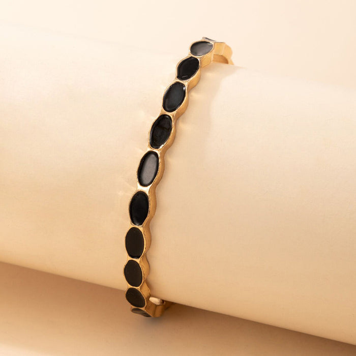 Black Enamel Adjustable Bracelet - Alloy Geometric Open Cuff Single Bracelet