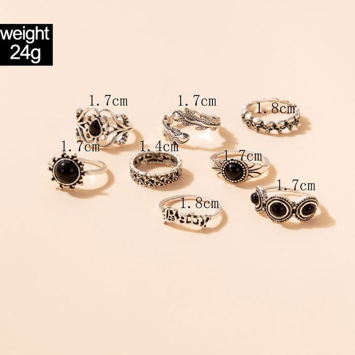 Black imitation diamond letter ring eight-piece set vintage skull leaf combination