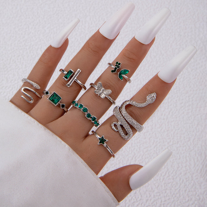 Green Gemstone Butterfly Open Ring Set - 8pcs Cool Snake Rings