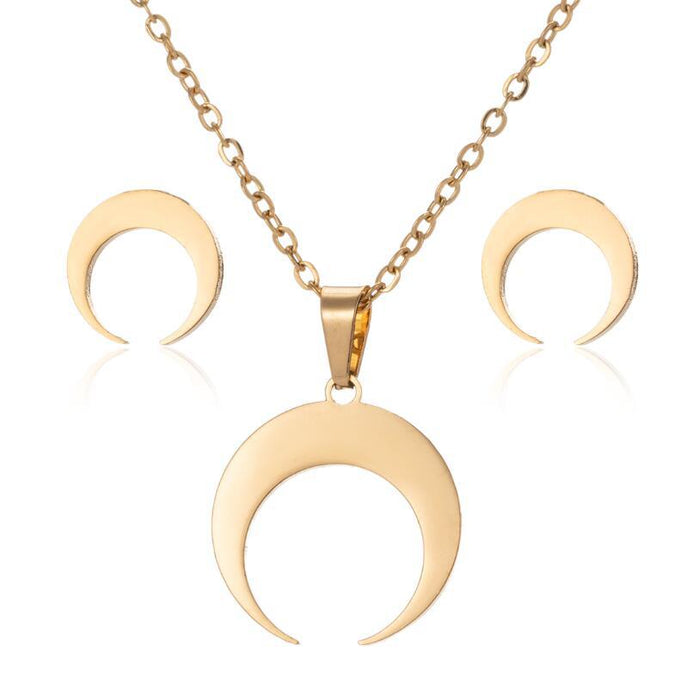 Moon Crescent Stainless Steel Jewelry Set - Geometric Simple Necklace and Earrings