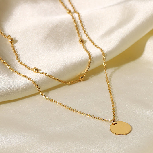 18K Gold-Plated Double Pendant Necklace with Round Beads - Women's Fashion Jewelry