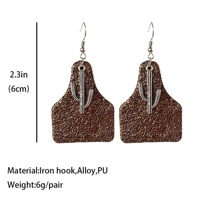 Textured Leather Earrings with Cross, Cactus, and Cow Tag Design