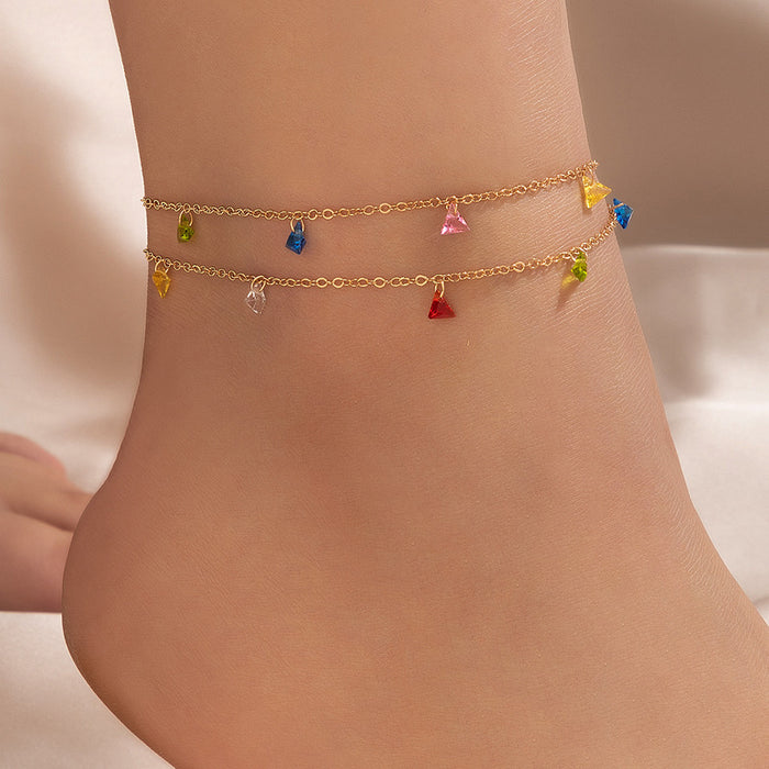 Colorful Gemstone Double-Layer Anklet with Geometric Heart Pendant