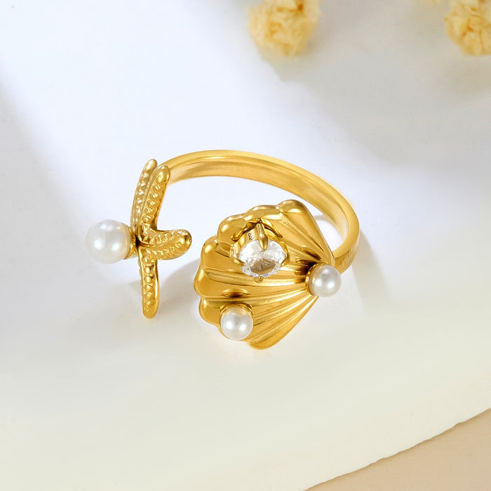 Wholesale stainless steel 18K gold scallop rings set with white beads