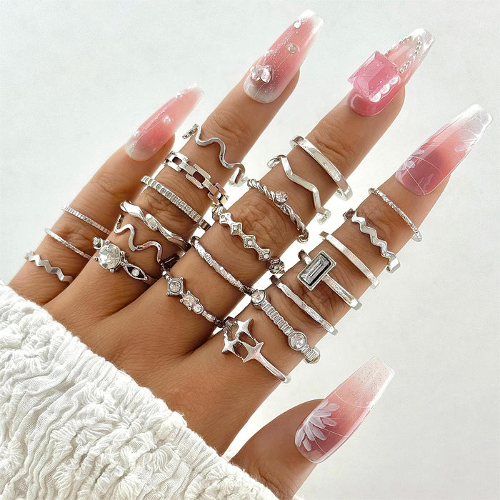 Minimalist Diamond Eye Wave Multi-Joint Silver Ring Set – Geometric Cut-Out Rings, 22-Piece Collection