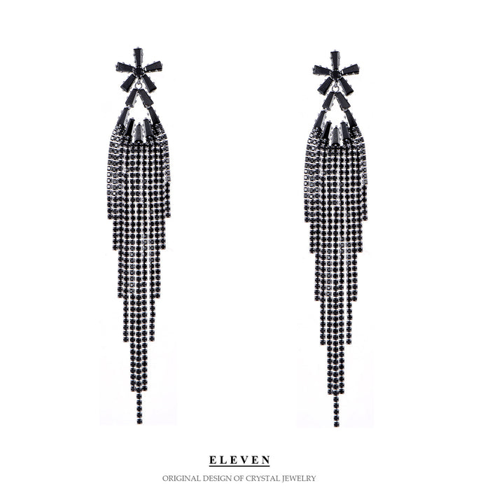 Silver Needle Floral Rhinestone Earrings - Dark Exaggerated Tassel Jewelry for Women