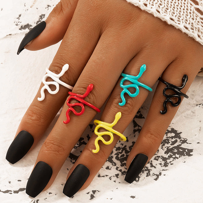 Colorful snake-shaped irregular animal ring 5-piece set