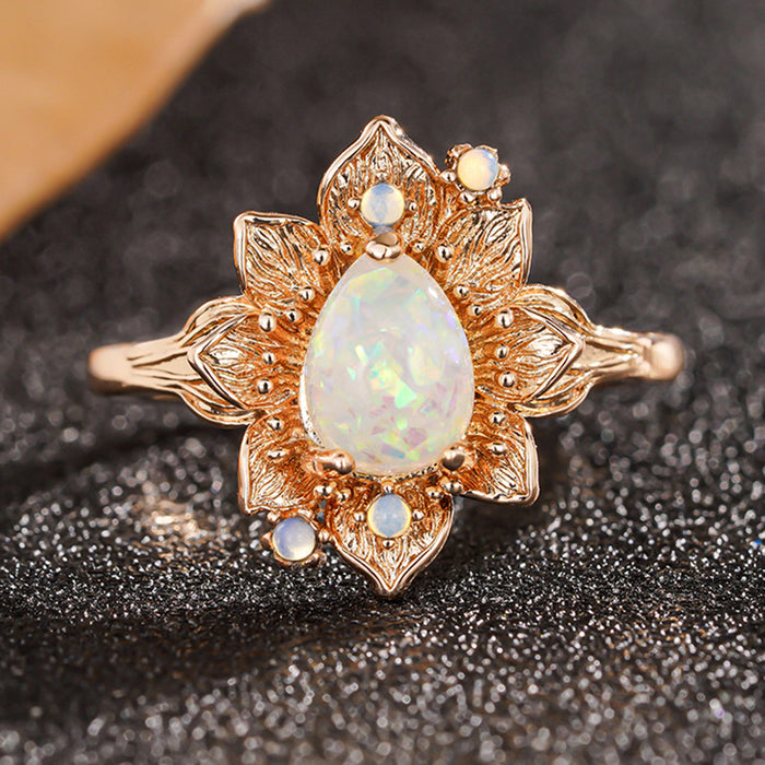 Women's teardrop micro-inlaid imitation opal sunflower ring