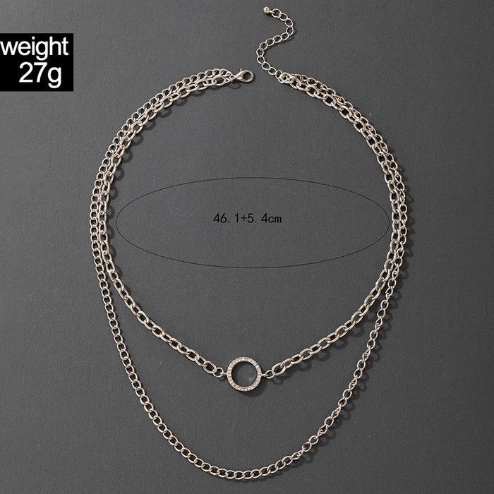 Ins Cool Metal Style Hollow Round Ring Necklace with Simple Punk Silver Chain Double-Layer Design