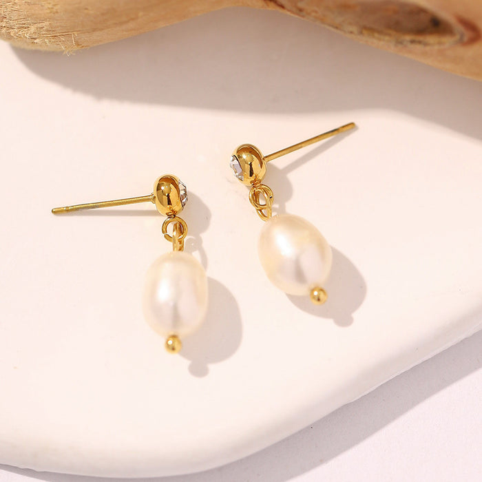 Aros de perlas de agua dulce vintage francesas: aros de acero inoxidable chapados en oro de 18 quilates para mujer